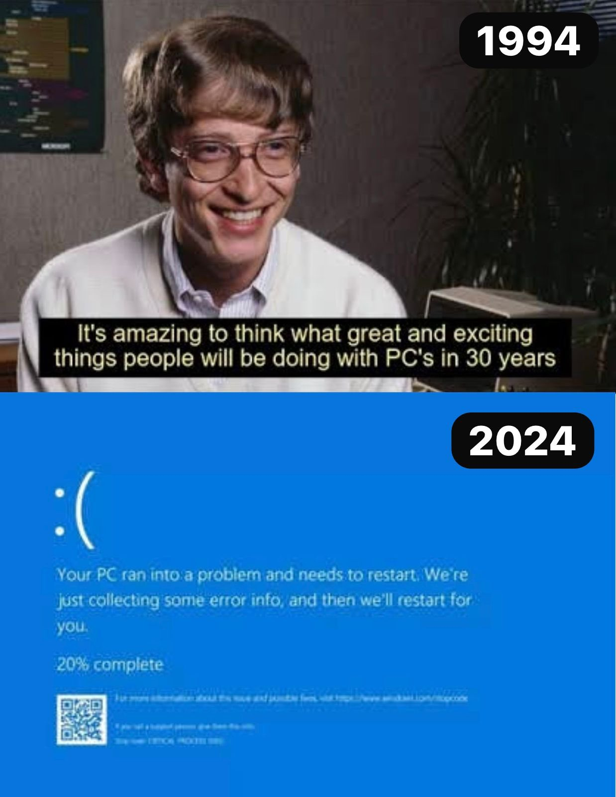 Bill Gates meme which describes bill gates expectation regarding windows in 1994 but what happens in 2024 in fully opposite