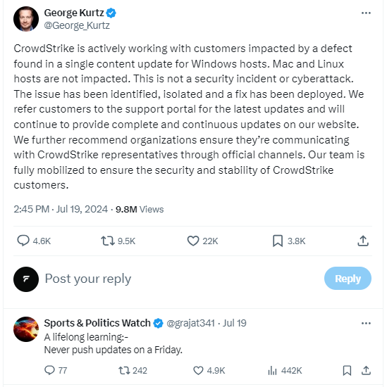 CEO George Kurtz responds to Microsoft global outage