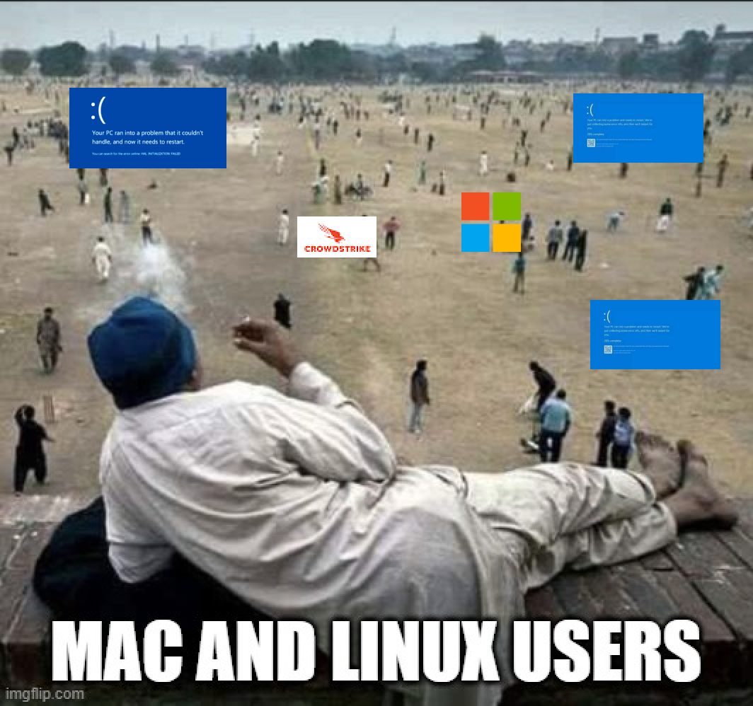 A meme post which describes linux and mac users are chilling when windows faced outage