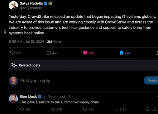 Satya Nadela tweet after outage
